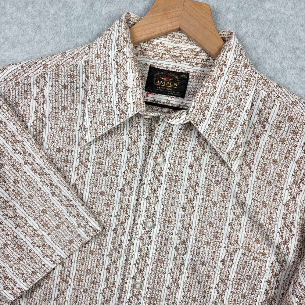 Vintage 70s Campus Shirt Mens Large Brown White Floral Striped Disco Button Up